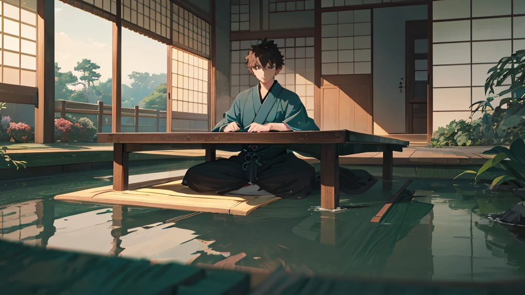 Japanese-style room, Dark green kimono, Beautiful Japanese Garden, Man in kimono, seiza, serious, Monet, reflection light, UHD, highres, best quality, 8k