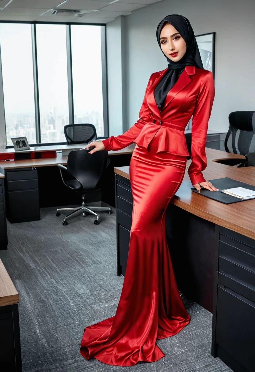 nsfw,(8k, best quality, masterpiece, ultra highres:1.2), 1 girl , beautiful 22 year old woman,(secretary, shirt,skirt:1.3), a woman in the red satin mermaid tight long dress,wear blazer, wear modern hijab, full body, satin blouse, red satin mermaid tight long dress, flowy dramatic long dress, office, (photorealistic:1.4), small breasts ,official art, extremely detailed CG unity 8k wallpaper, ultra high res, professional photography,
