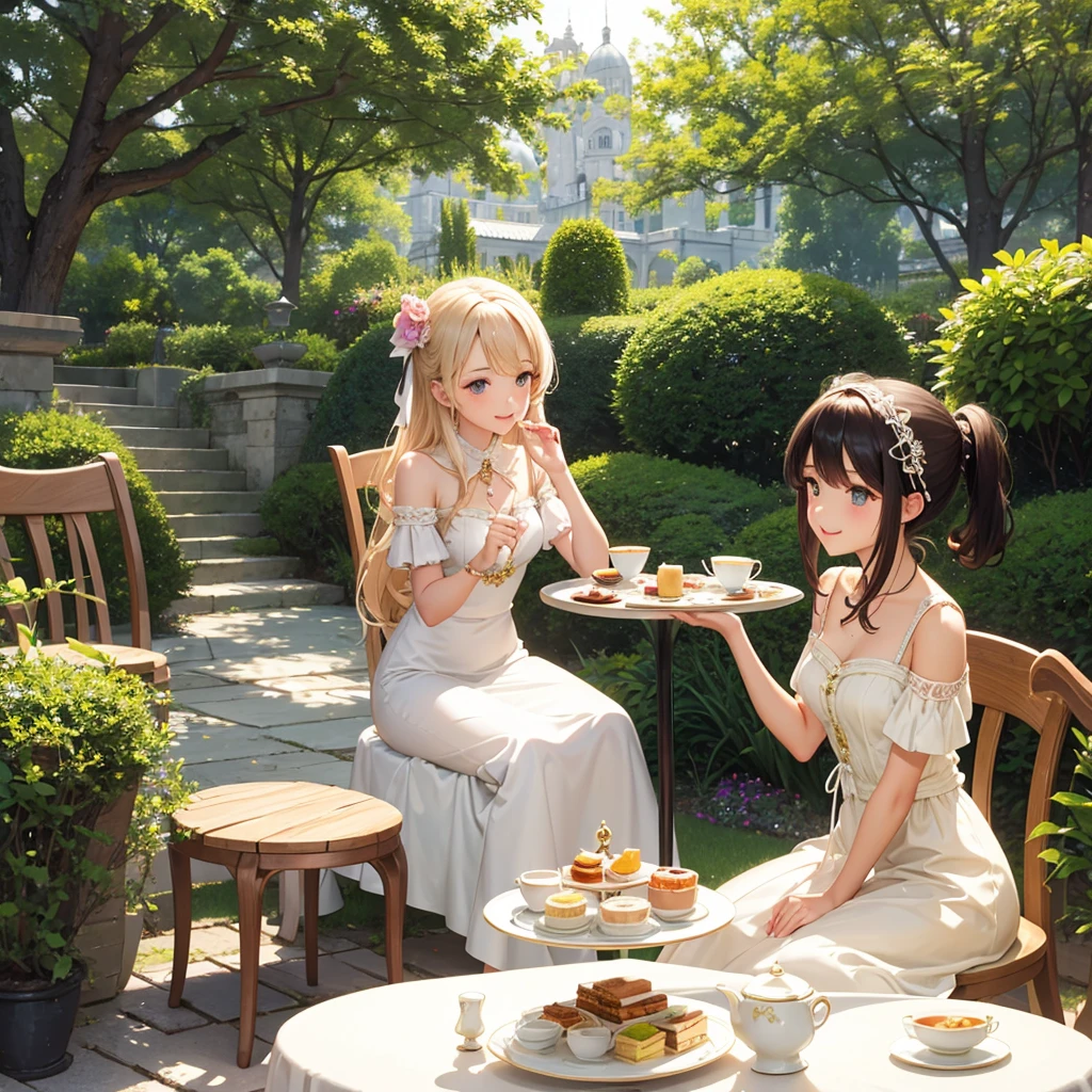 Pretty girl, light colourful long dress, beautiful girl, cute girl, Fantasy, impressive, sweet, elegance, colourful dress, natural, heavenly style, gorgeous, Anime, cartoon, garden, enjoy hightea in garden, delicious hightea, classic table and chair, white colour table and chair, delicious cakes and cookies, tea pots and tea cup on tables, girl sitting on chair enjoying the hightea