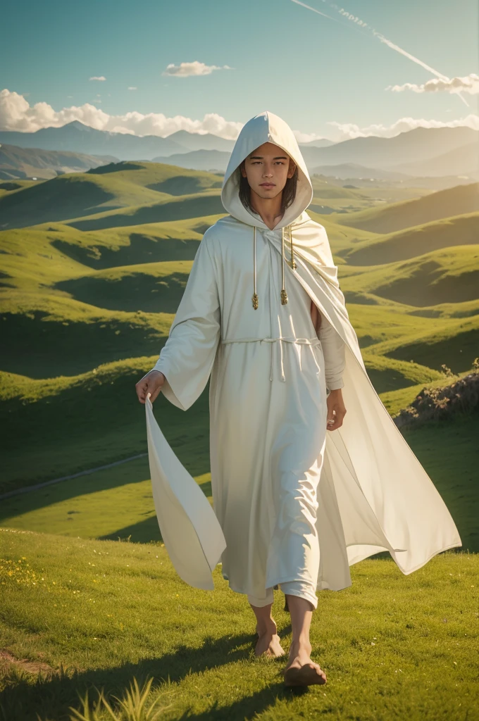 1000 men with white hooded robes in a green field with sun and lots of gold on the ground