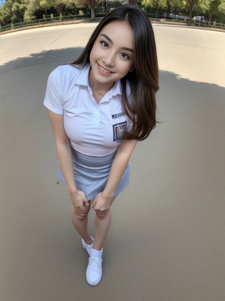 1girl, solo, (uniform), standing, outdoors, face at center frame, scene, detailed face, seductive smile, detailed eyes, thick breasts, smooth skin, tight white shirt, grey blue short skirt, looking at the audience, low angle shot,(8k, RAW photo, best quality, masterpiece: 1.2), (realistic, realistic: 1.37), ultra-high resolution, (ultra wide angle shot:1.4)