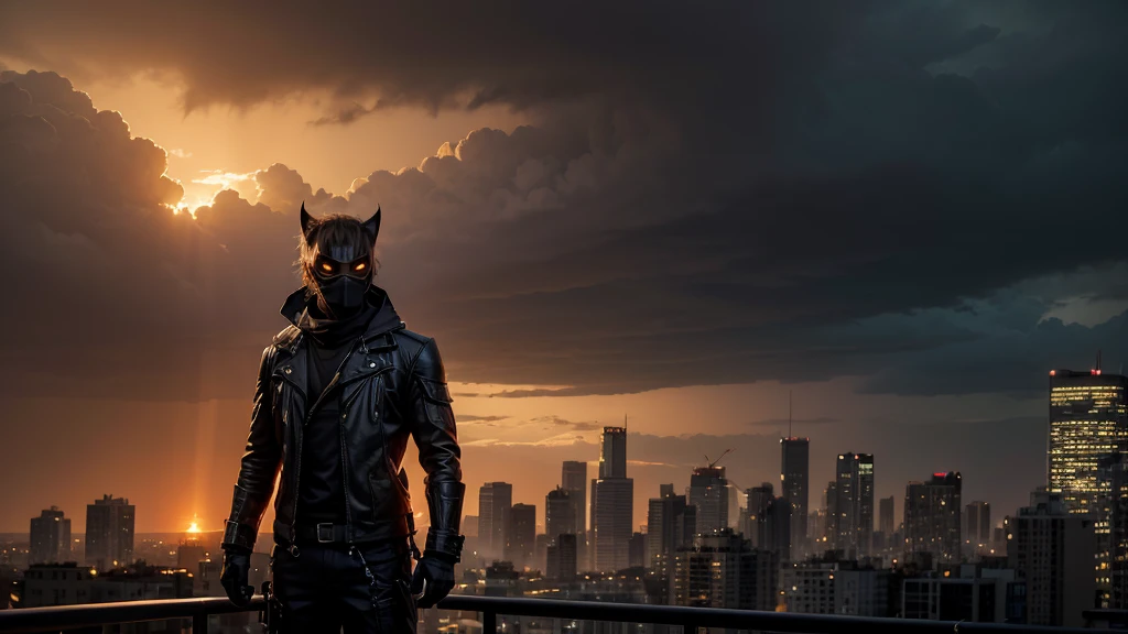 Depict a dramatic nightfall over a ruined cityscape. The last rays of the setting sun bathe the crumbling buildings in a deep orange glow, while the sky turns dark and stormy. A figure in a black outfit and mask stands on a rooftop, looking out over the city with a sense of longing and reflection. Overgrown plants and debris are visible, symbolizing the passage of time and the unknown journey ahead.8k
