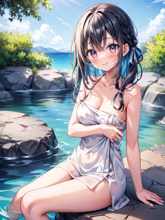 Open-air bath、Rock bath、Black Hair Girl、Braid、The girl has a towel wrapped around her body、Sitting on a rock、Enjoying the view、Blushing、Smiling