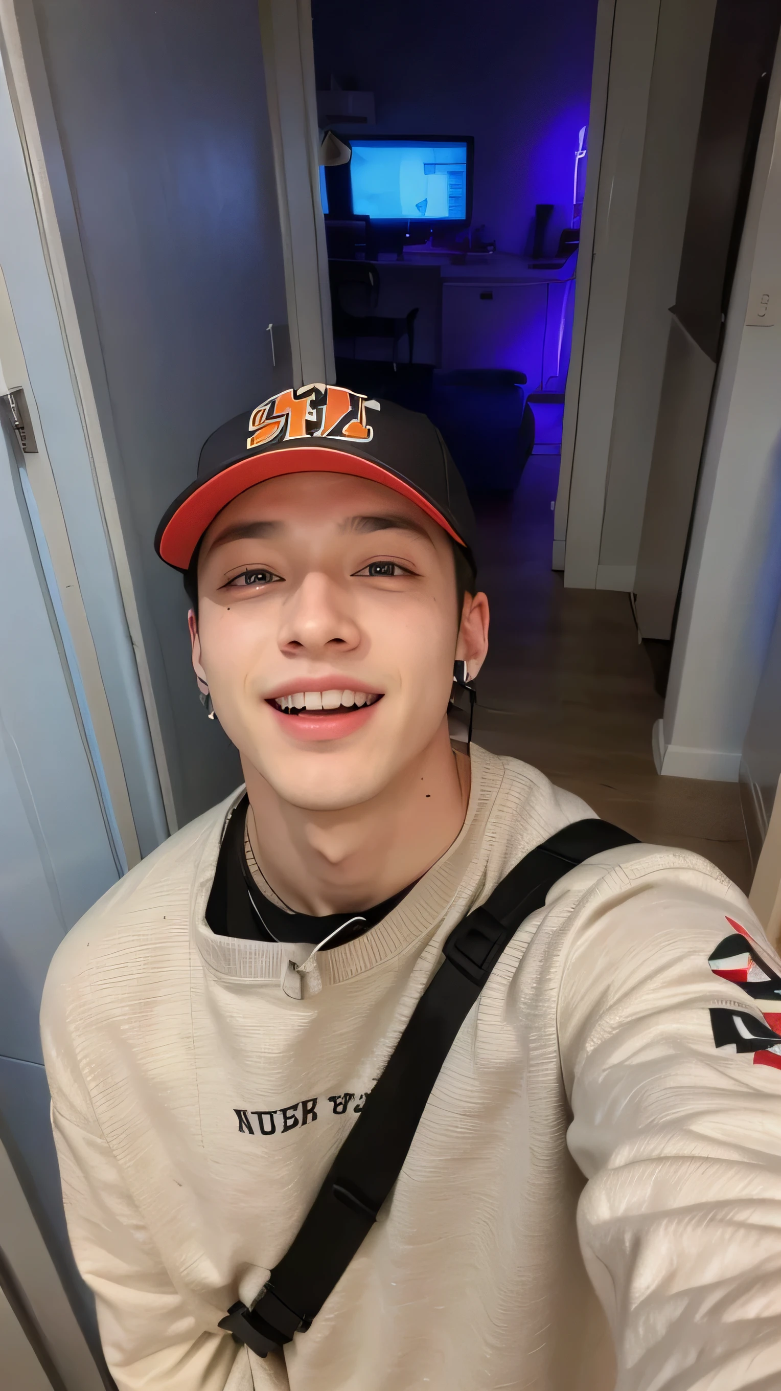 Sneaky man in baseball cap taking a selfie in a hallway, headshot Profile pictureture, Very low quality image, Profile picture, contraction serpentine / ludwig player, Profile pictureture, Profile picture, 8k autophoto, jungkook , 1 / 2 shots to the head, 1 / 4 shots to the head, half body headshot, beautiful and smiling, professional Profile pictureture, bangchan