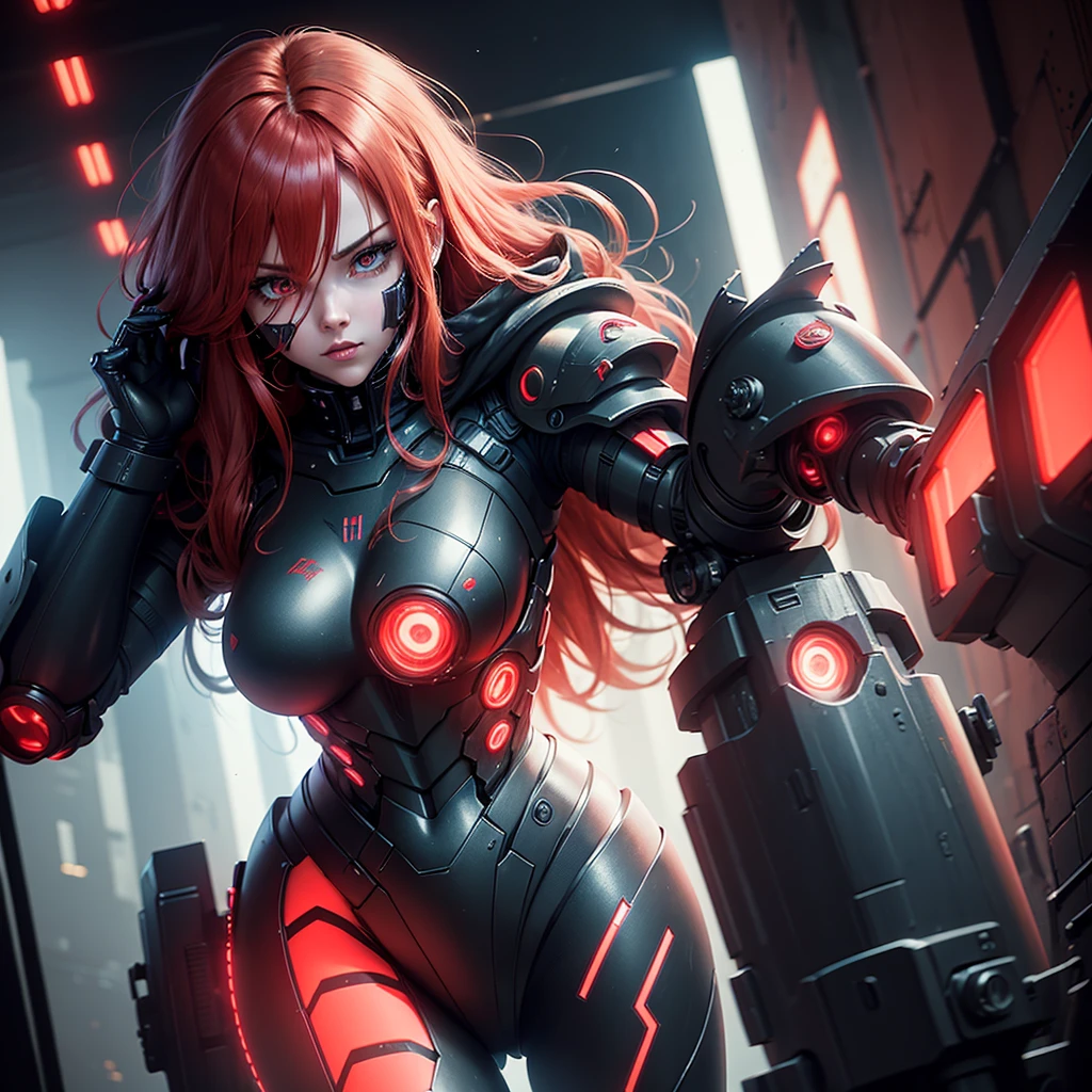 View from below, angle from below, flat horizon photo, Android girl with long red hair has a mask on her face, respirator, woman with sexy hips, half cyborg modification. Beautiful face, black metal cybernetic android robot body in black color, with red lines of indicators and diodes with many red parts, cybernetic armor with a red glow from under the joints and joints, she has blue eyes and stands tall ,  frame with a flat horizon, Anime Style Photography , black background Cyberpunk style, the camera films Her from below, lower angle of photography, black background image of a night black city and red neon lights, red lamps, red lighting, red flashes in the background