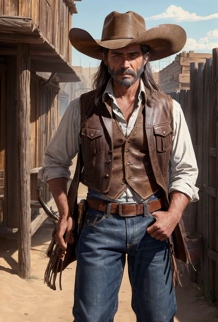 (masterpiece, Highest quality, shape, Subtle details, 8k:1.2),(Highly detailed CG Unity 8k wallpaper), (Highest quality), (Best illustrations), A realistic depiction of a cowboy from the Wild West era, wearing a wide-brimmed hat, leather boots, and a rugged vest, with a background of a dusty desert town,A highly detailed and realistic Wild West cowboy standing in front of a wooden saloon. He is wearing a weathered brown hat, a leather vest over a checkered shirt, denim jeans, and worn-out leather boots. He has a revolver holstered at his side and a rugged, sun-tanned face with a mustache. The background features a dusty street, wooden buildings, and a clear blue sky with a few clouds,A hyper-realistic depiction of a stoic cowboy in a dusty frontier town. He is leaning against a wooden post outside a saloon, with a weathered brown Stetson hat casting a shadow over his steely eyes. His attire includes a fringed leather jacket, a plaid shirt, worn jeans, and spurred boots. A lasso hangs coiled at his hip, and a six-shooter is strapped to his thigh. The setting sun casts long shadows on the dirt street, where horses are tied up and tumbleweeds roll by,A realistic Wild West cowboy in an intense gunfight scene. He is dressed in a classic cowboy outfit with a dark brown hat, a bandana around his neck, a leather vest, and chaps over his jeans. He is crouched behind a wooden barrel, aiming his revolver, with a look of determination on his rugged face. The background shows a dusty main street of a frontier town, with other cowboys taking cover and wooden buildings lining the street