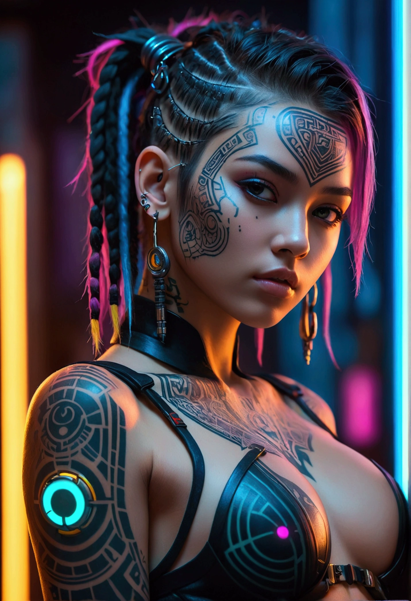 detailed cinematic photography of Beautiful cyberpunk , tribal tattoos, a beautiful cyberpunk cell, standing proud, neon lit, she oozes seduction, abstract beauty, near perfection, pure form, intricate detail Outrageously stunning detailed photo realistic cinematic photography