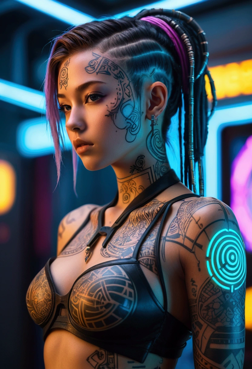 detailed cinematic photography of Beautiful teen cyberpunk , tribal tattoos, a beautiful cyberpunk cell, standing proud, neon lit, she oozes seduction, abstract beauty, near perfection, pure form, intricate detail Outrageously stunning detailed photo realistic cinematic photography