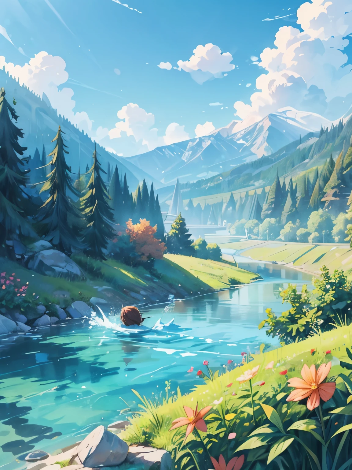 лучистый свет water color ilustration sun, clouds, mountains in the distance, trees, river, flowers, a girl and a boy are swimming in the river