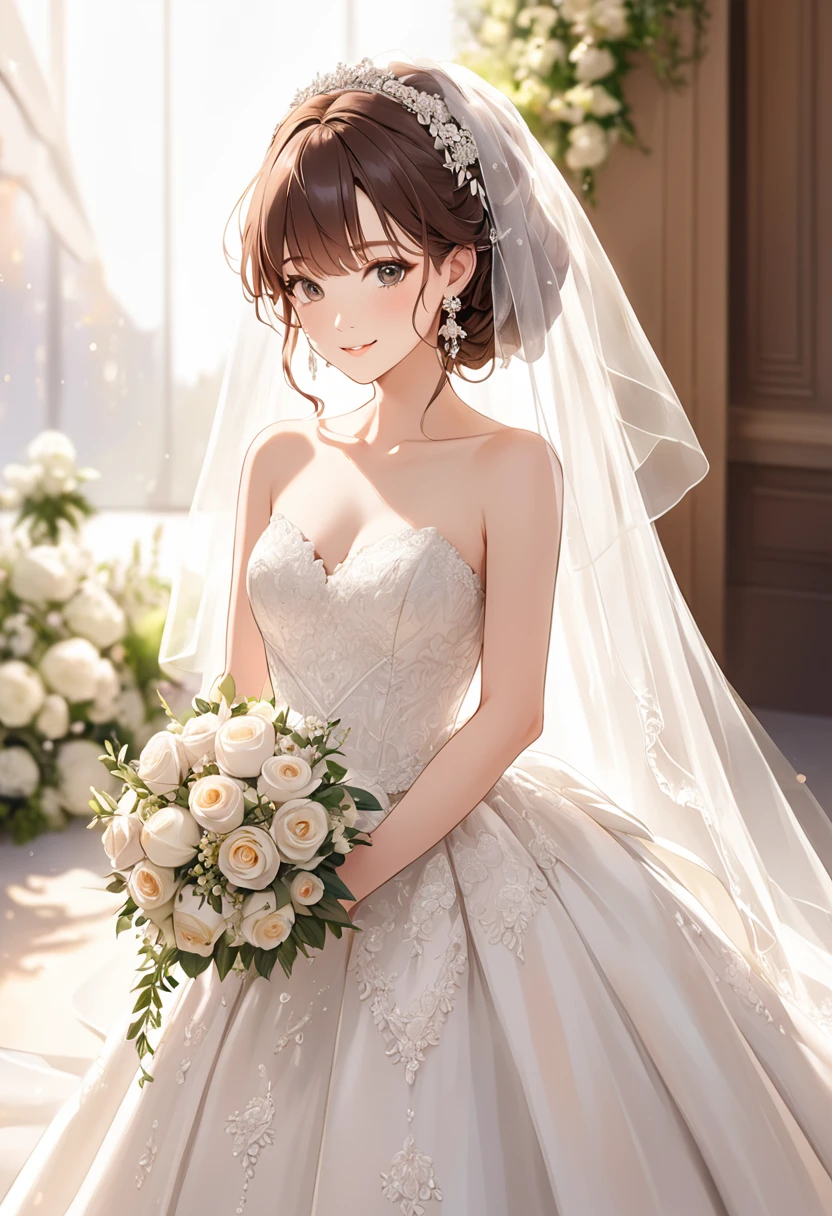 woman,bride,Beauty,white,earrings,Brown Hair,brideヘア,bride,smile,Wedding dress,Are standing,20th Generation,reception,close-up head,Still life