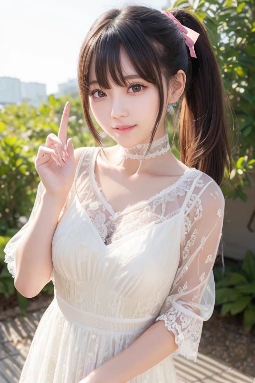 brightexpression、Realistic:1.32、Highest quality、Ultra-high resolution、Most beautiful Japanese girl photos、Cute and beautiful face details、Small face、(Pyros Face_v1:0.008)、Beautiful bangs、、Shine, fair, Shine肌、Hair gets tangled in the face、girl1people々、顔にかかるbangs、bangs、Hair between the eyes、Attractive brown silky hair、bright、澄んだ瞳が魅力的にShine、Dynamic pose、Highest quality、Confused、((the cutest girl in the world))、Japanese people々、((Maxi length see-through lace dress with ribbon:1.3))、(ponytail:1.3)、(Tie with a thin ribbon)、Nice and cute、An innocent smile、nice smile、No cleavage、(Large Breasts:1.3)、(The gesture of placing one's hair behind one's ear:1.3)、Side Tail、Brown Hair、Narrow waist、Beautiful eyes in every detail、View your audience、Upper Body、Face close-up、Front view、 information