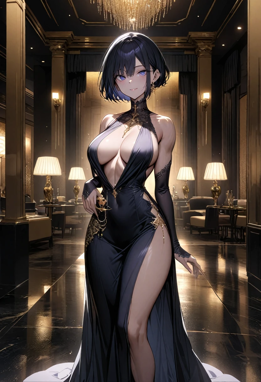 alone, woman, Captivating smile, Gold Jewelry, Short pixie cut black hair, Deep dark blue eyes, Toned and curvaceous, Height: 170cm, A black gown that accentuates her charm, Sharp features, Large firm breasts, Hotel, elegant, thin,