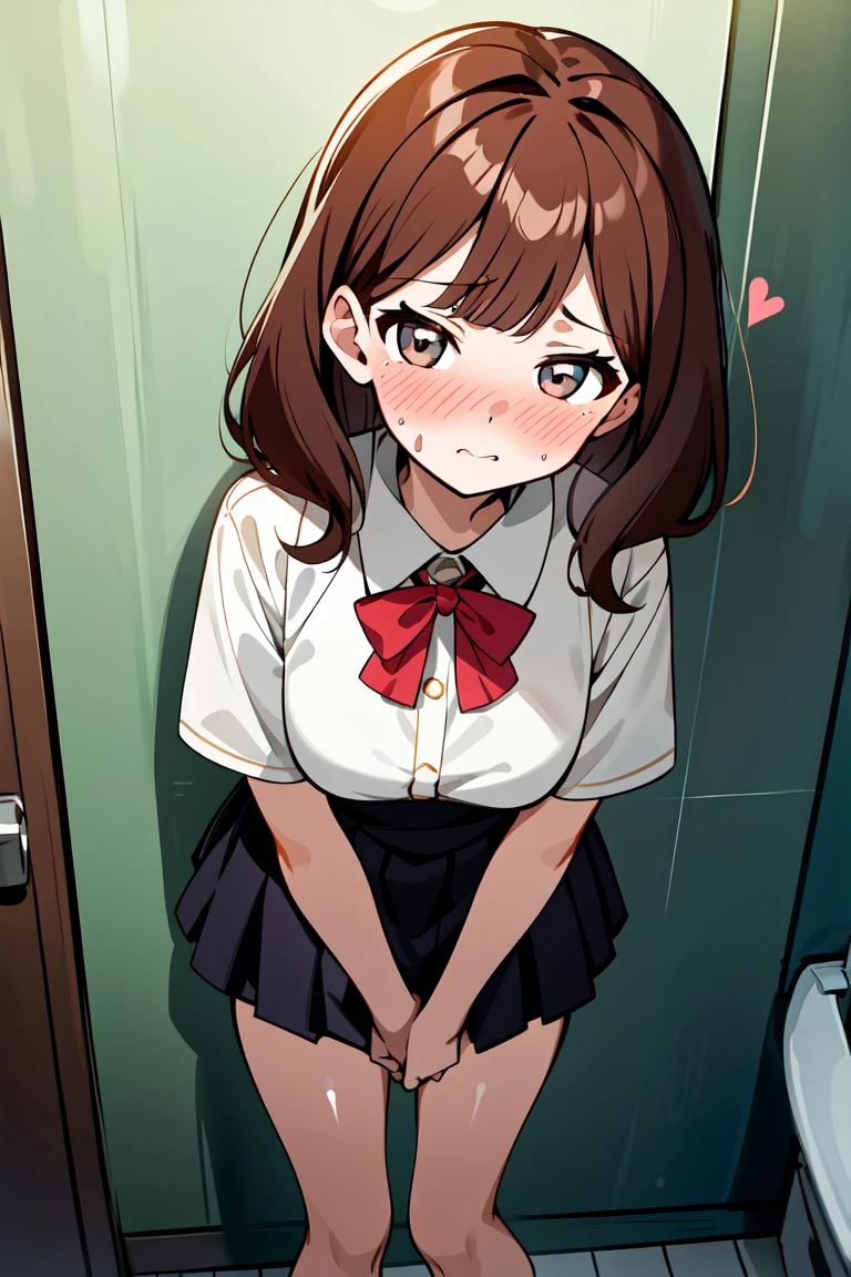 Appearance: {character} has long wavy brown hair, big expressive hazel eyes, and a heart-shaped face. She's of average height and build. One girl in a cute dress、One girl takes to the bathroom、Look away、Standing、embarrassed from、Blushing、Keep your mouth shut、a street(Girl is peeing:1.7)、Mini skirt