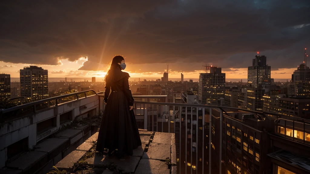 Depict a dramatic nightfall over a ruined cityscape. The last rays of the setting sun bathe the crumbling buildings in a deep orange glow, while the sky turns dark and stormy. A figure in a black outfit and mask stands on a rooftop, looking out over the city with a sense of longing and reflection. Overgrown plants and debris are visible, symbolizing the passage of time and the unknown journey ahead.8k