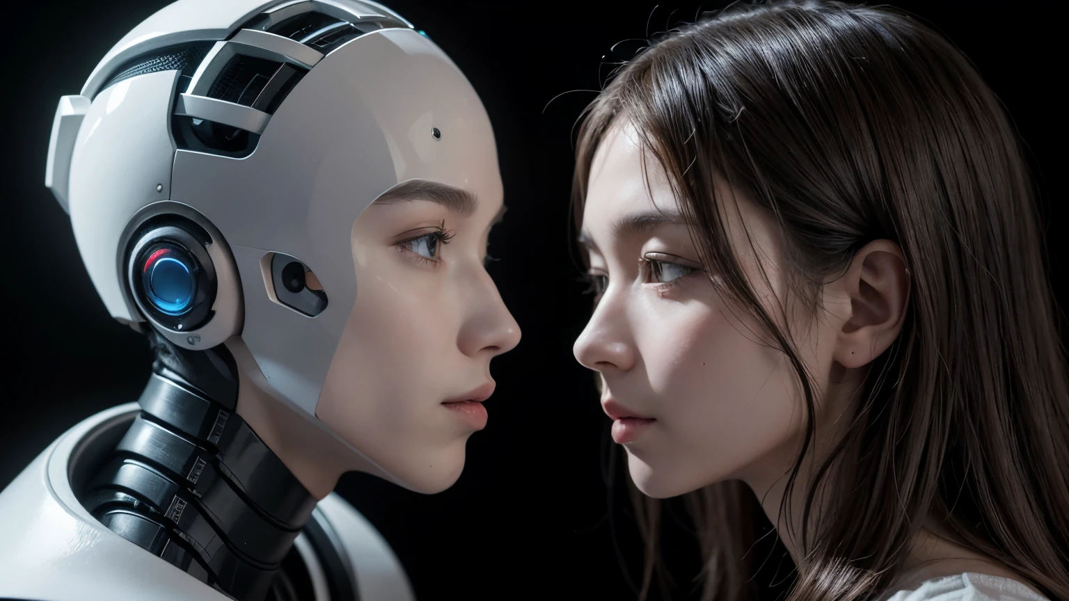 "Create an image showing two humanoid artificial intelligences conversing face to face. The first AI should have a humanoid face with robotic elements and a Christian symbol, such as a cross, visible on its forehead. The second AI should have a humanoid face with robotic features and an Islamic symbol, such as a crescent moon and star, visible on its forehead. Both artificial intelligences should be in a neutral environment, with a friendly dialogue expression and a background that does not distract from the interaction."