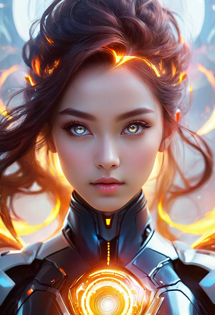 VERY BEAUTIFUL GIRL, WITH FIRE AURA SURROUND HER WHOLE BODY, POWERFULL, WHITE PUPIL EYE, DRAMATIC FIRE FUTURISTIC BACKGROUND, HALF BODY, 4K