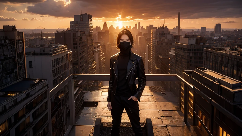 Depict a dramatic nightfall over a ruined cityscape. The last rays of the setting sun bathe the crumbling buildings in a deep orange glow, while the sky turns dark and stormy. A figure in a black outfit and mask stands on a rooftop, looking out over the city with a sense of longing and reflection. Overgrown plants and debris are visible, symbolizing the passage of time and the unknown journey ahead.8k