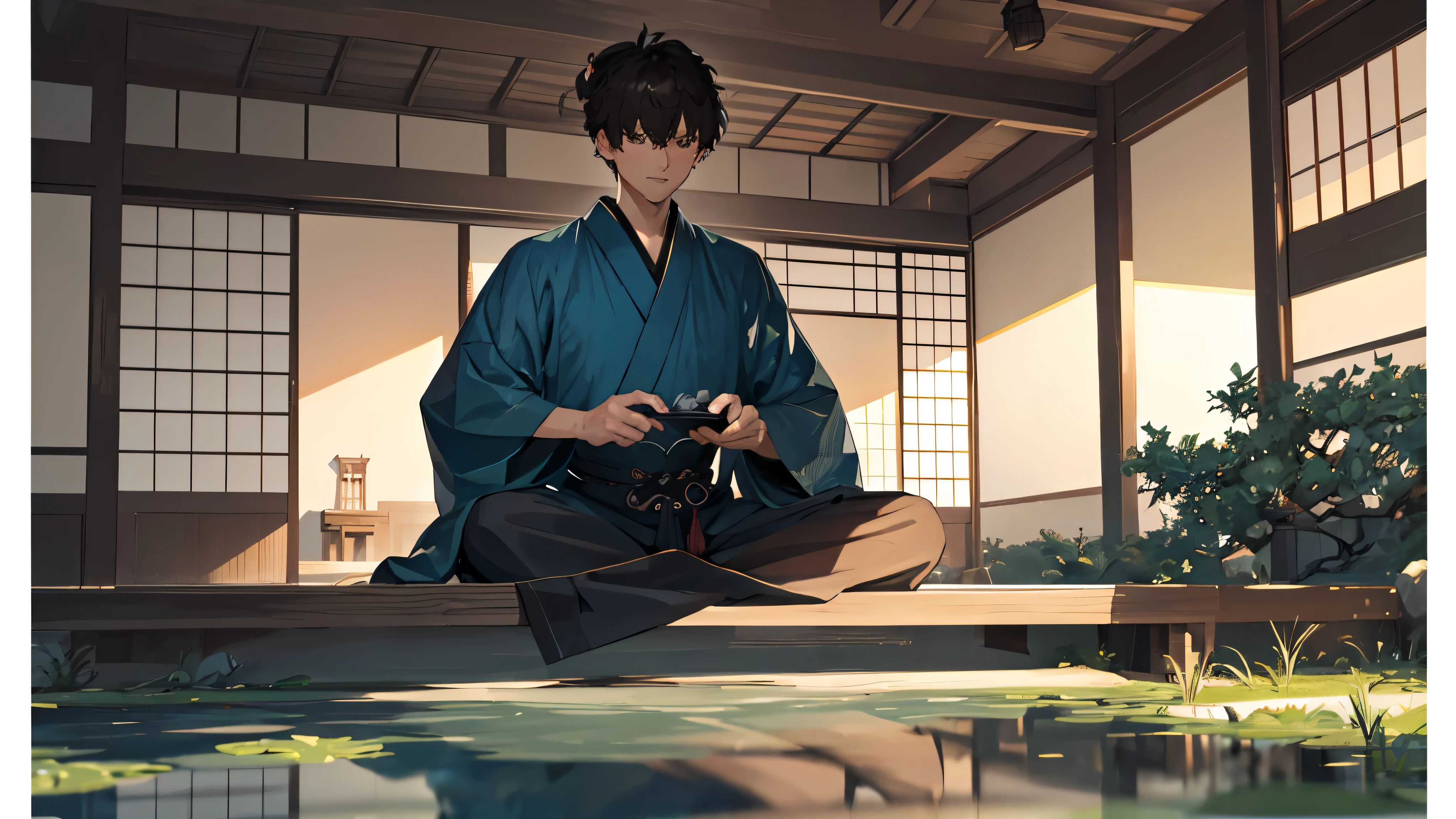 Japanese-style room, Dark green kimono, Beautiful Japanese Garden, Man in kimono, seiza, serious, Monet, reflection light, UHD, highres, best quality, 8k