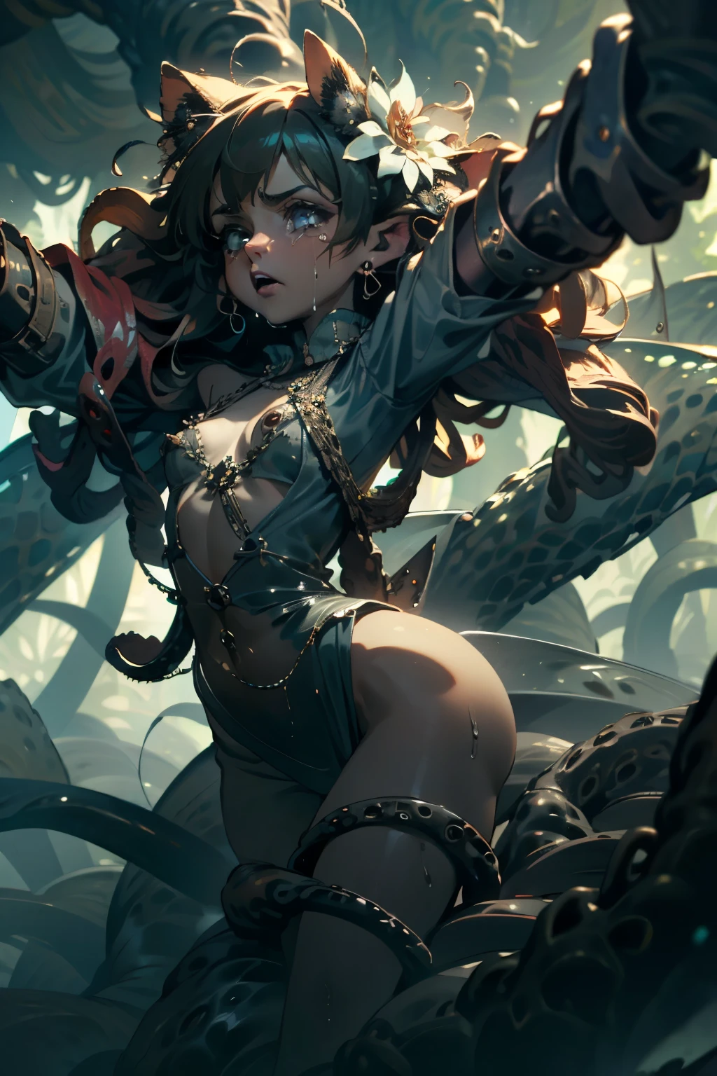  ((best quality)), ((masterpiece)), (detailed), 1 fairy girl, off-shoulder sweater, a fairy, fairy girl, winged pixie girl, girl fairy, various different types of insect wings, small breasts, NSFW，Covered with tentacles, encoiled by tentacles, Tentacles around the body, many tentacles, captured by tentacles, bound by tentacles, trapped by tentacles, Fine details，Tentacled，Tied with tentacles, roaming tentacles, drooling，Crying，horrified expression, panic, fight for survival, helplessness, Detailed body，Full limbs，NSFW, being pulled into a flower, wild environment, jungle, terrifying floral environment, horrific nature, predatory flora, fairy catcher, fairy trapper, fairy catcher plant, fairy trapper-plant, fairy catcher flower, fairy trapper-flower inspired by carnivorous plants; a plant occupying the equivelant evolutionary niche as a spider would 