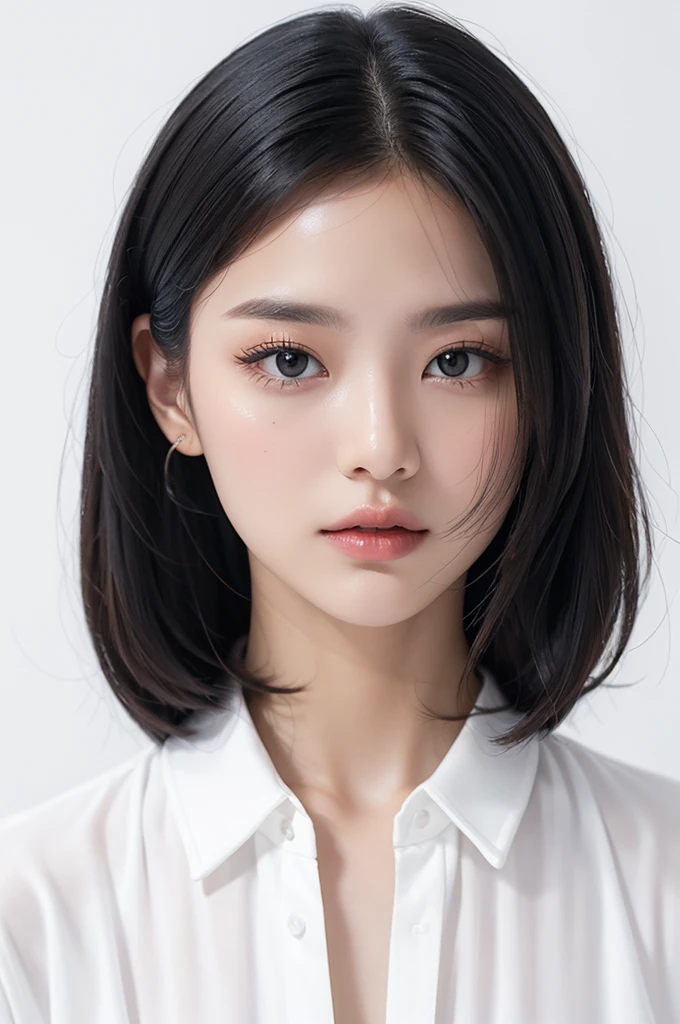 white background, medium hair, layerd black hair, white shirt