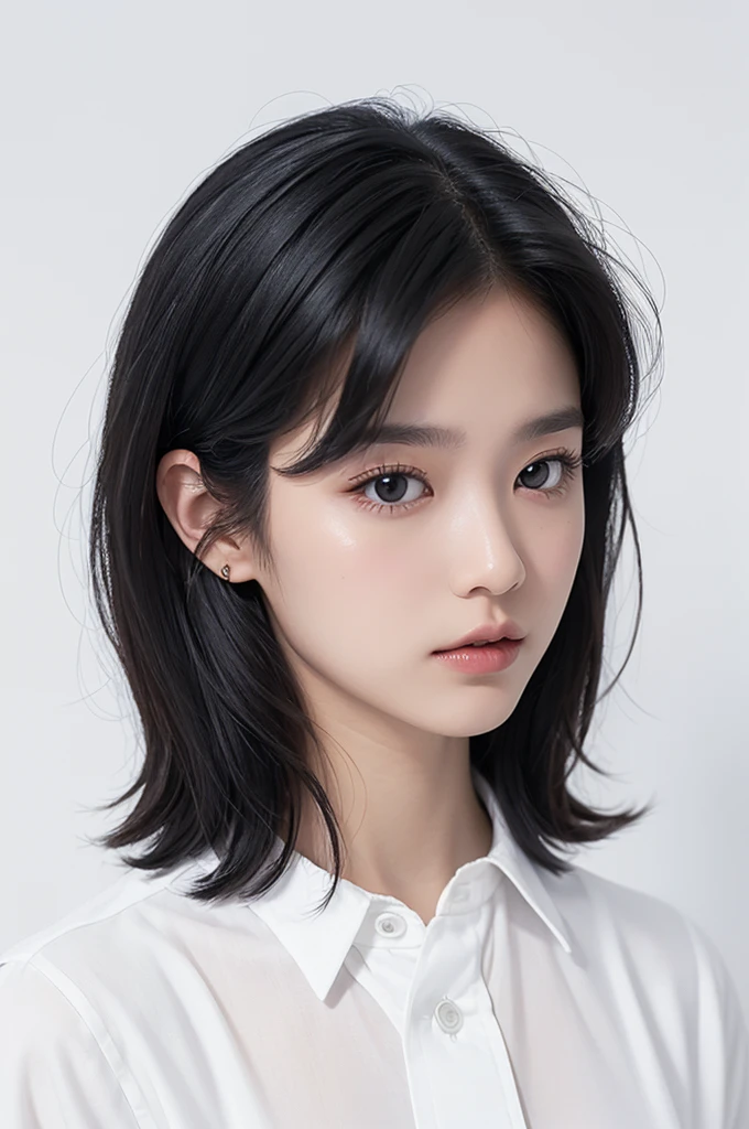 white background, medium hair, layerd black hair, white shirt
