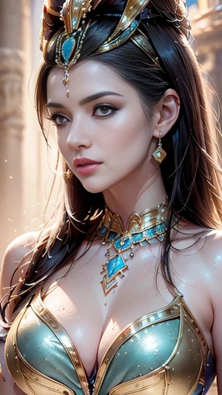 Hyper-realistic atonalism style, gouache, ink wash, opaque colors and low key lighting, Princess of Egypt portrait, subtle details, colorful and gold ancient Egypt jewelry ,beautiful breast, chest press together, full body shot ,elegance pose, splash ink, ancient Egypt sandstone temple background, matte painting, Unreal Engine 5.