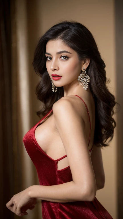 nsfw, Classic Bollywood glamour, wearing red evening gown, dazzling accessories, (captivating eyes, red lips, flawless skin), luxurious backdrop, velvet curtains, dramatic pose, interesting composition, spotlight illumination, rich shadows, sparkling bokeh, exquisite details, high-resolution, 35mm film, timeless elegance, natural blurry, spread legs:1.2, hairy_pussy, dark brown_hair, large_breast, holding_breasts, , nice clevage seductive poses red lips