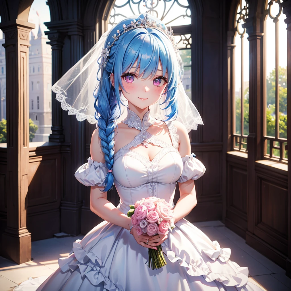 Sky Blue Medium Hair, (Braided Hair),(Pink Eyes),Fair skin ,(whole body),(1 girl),bride,smile、Straight bangs, 6月のbride,Wedding dress,(masterpiece, Highest quality, Very detailed, Best Shadow), (Detailed Background), (Beautifully detailed face), High Contrast, (Best lighting, Very delicate and beautiful), ((Cinematic Light)), colorful, Hyper Detail, Dramatic Light, Intricate details,Wedding hall,