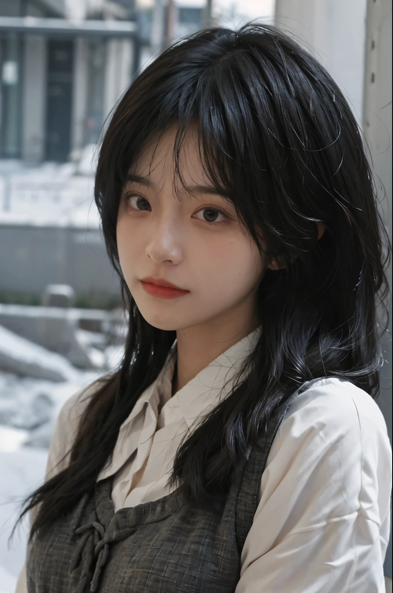 best quality,masterpiece,Ultra-high resolution,16K,Snow background,(Photo Realism:1.4),1 girl,JK,Sexy,(Shirt and Tie:1.2),(Large Breasts:1.3),(Upper Body:1.4)Like crying after a breakup。Beautiful eyes and face details, A bit sad overall。masterpiece, best quality, close up