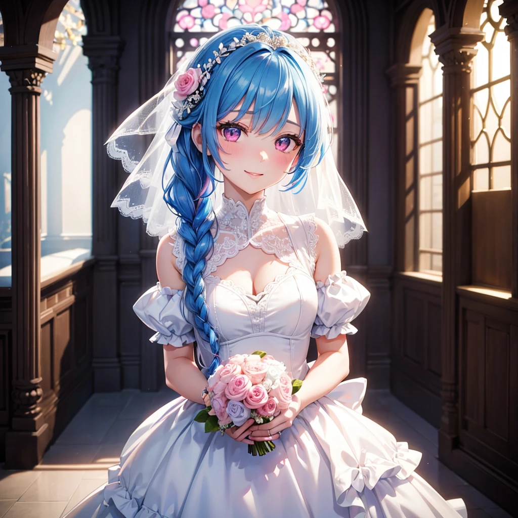 Sky Blue Medium Hair, (Braided Hair),(Pink Eyes),Fair skin ,(whole body),(1 girl),bride,smile、Straight bangs, 6月のbride,Wedding dress,(masterpiece, Highest quality, Very detailed, Best Shadow), (Detailed Background), (Beautifully detailed face), High Contrast, (Best lighting, Very delicate and beautiful), ((Cinematic Light)), colorful, Hyper Detail, Dramatic Light, Intricate details,Wedding hall,