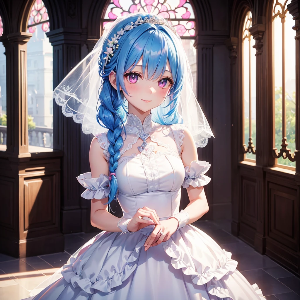 Sky Blue Medium Hair, (Braided Hair),(Pink Eyes),Fair skin ,(whole body),(1 girl),bride,smile、Straight bangs, 6月のbride,Wedding dress,(masterpiece, Highest quality, Very detailed, Best Shadow), (Detailed Background), (Beautifully detailed face), High Contrast, (Best lighting, Very delicate and beautiful), ((Cinematic Light)), colorful, Hyper Detail, Dramatic Light, Intricate details,Wedding hall,