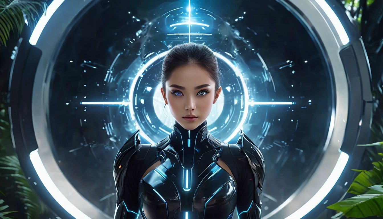 VERY BEAUTIFUL GIRL, WITH BLACK AURA SURROUND HER WHOLE BODY, POWERFUL, WHITE PUPIL EYE, DRAMATIC BLACK AURA FUTURISTIC BACKGROUND, HALF BODY, 4K, IN THE JUNGLE