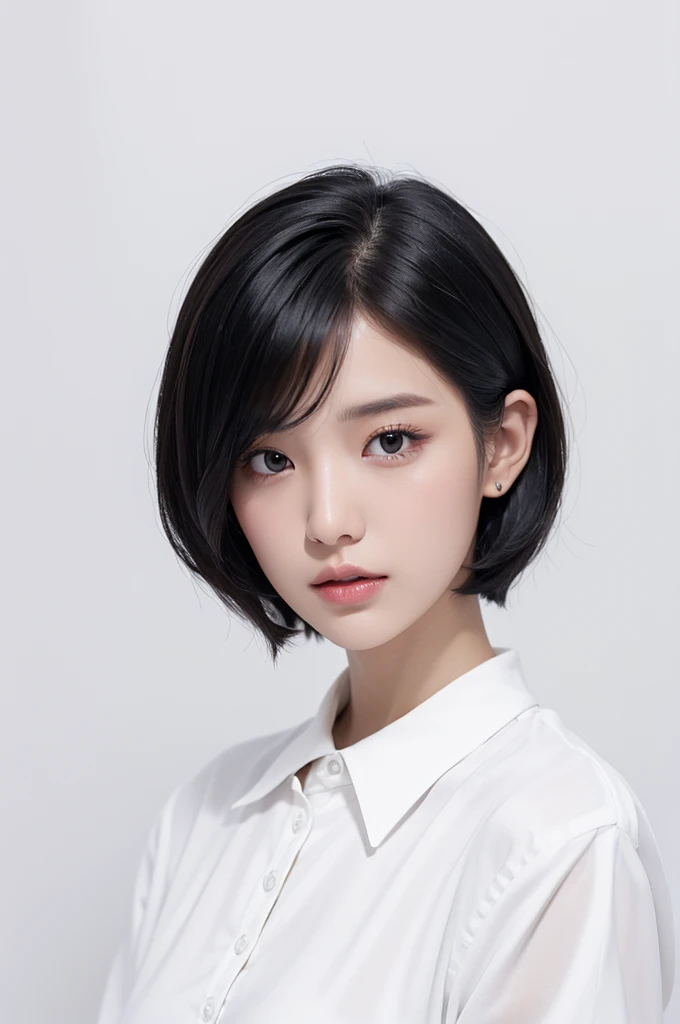 white background, short hair, layerd black hair, white shirt