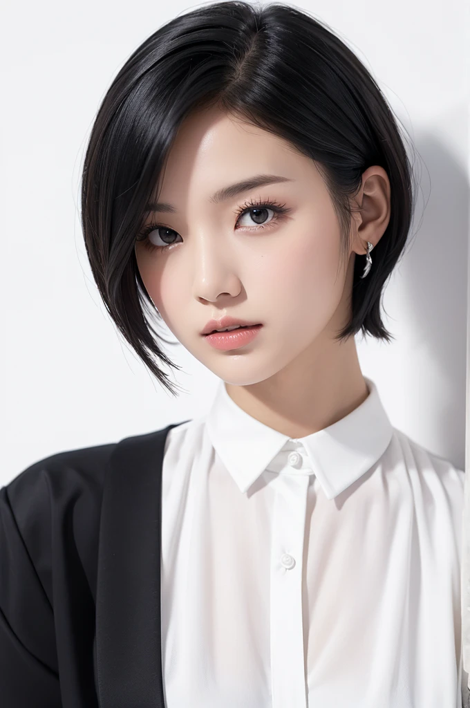 white background, short hair, layerd black hair, white shirt