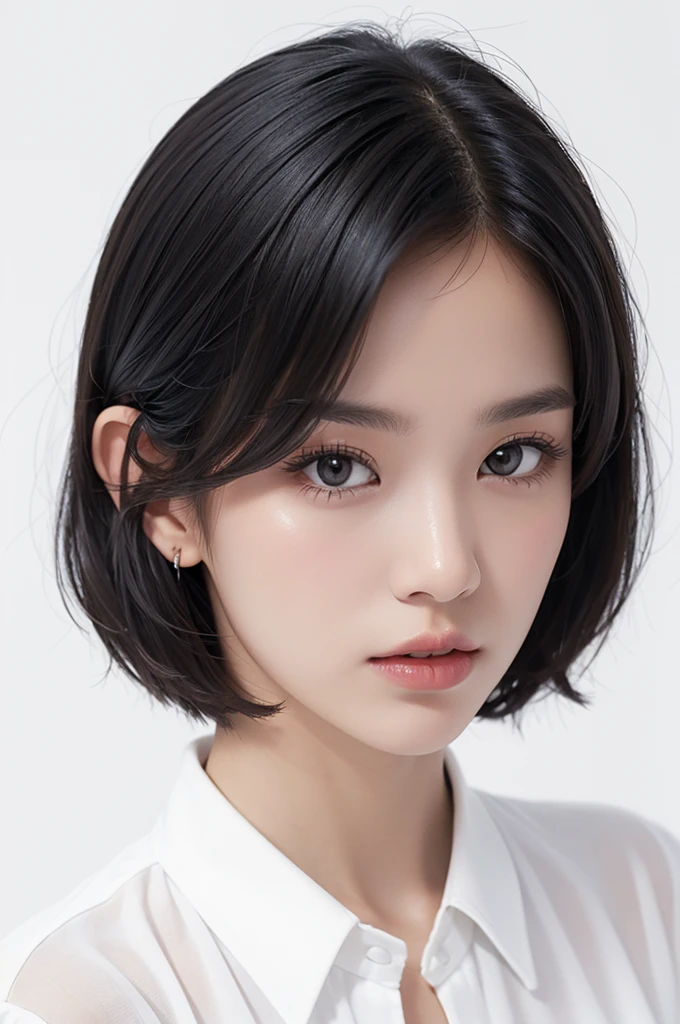 white background, short hair, layerd black hair, white shirt