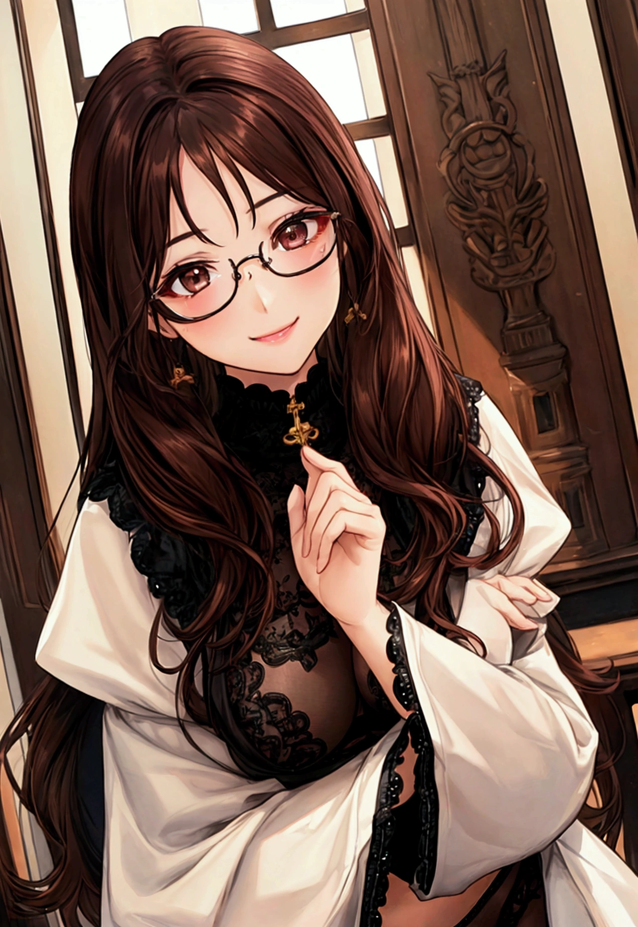 1 female、Brown Hair、Brown eyes、Highest quality、Very detailed、8 Resolution、RAW Photoasterpiece、Perfect body、High resolution、Highest quality、Detail view、Vibrant colors、Lure、smile、Long Hair、Black-rimmed glasses、Captivating breasts、Inside the room、Black underwear