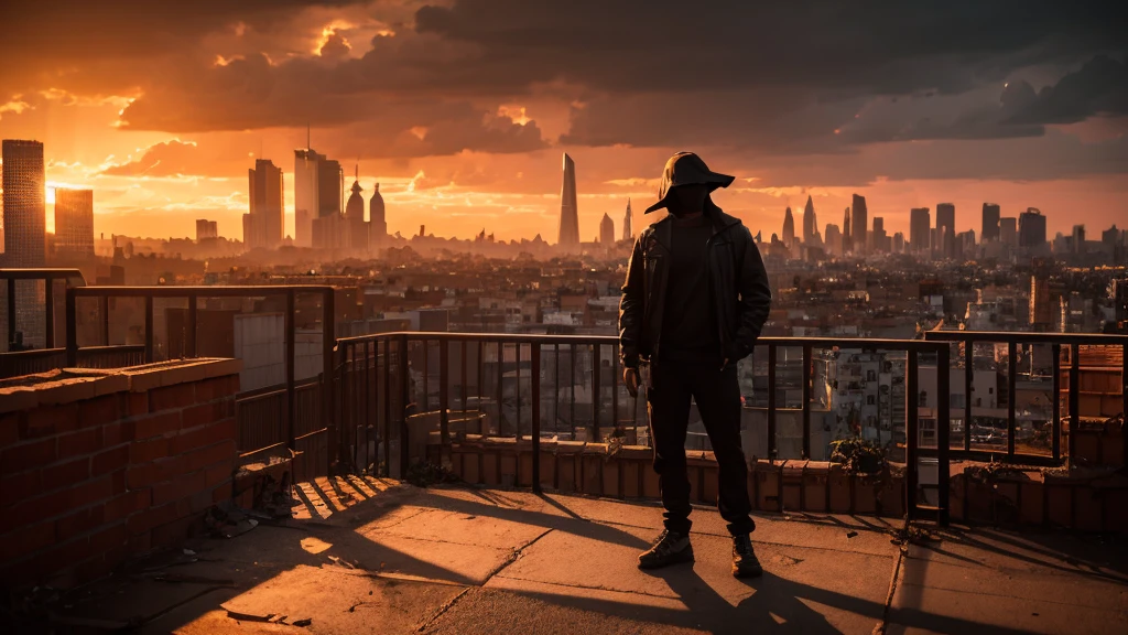 Depict a dramatic nightfall over a ruined cityscape. The last rays of the setting sun bathe the crumbling buildings in a deep orange glow, while the sky turns dark and stormy. A figure in a black outfit and mask stands on a rooftop, looking out over the city with a sense of longing and reflection. Overgrown plants and debris are visible, symbolizing the passage of time and the unknown journey ahead.8k