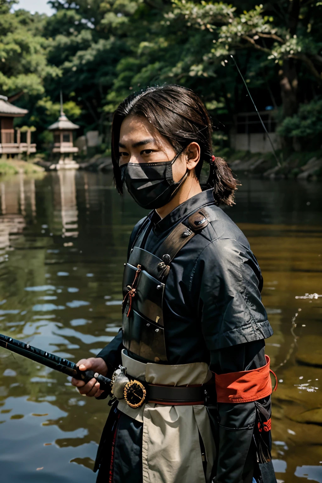 Japanese samurai warrior wearing a mask while fishing