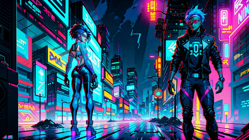 a digital painting of a blue-haired woman, cyberpunk arts by Josan Gonzalez, behance contest winner, afrofuturism, synthwave, neon, neon glowing, bodybuilder woman, 4k full body image