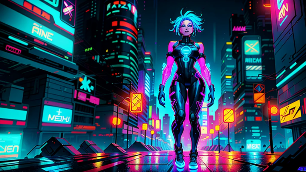 a digital painting of a blue-haired woman, cyberpunk arts by Josan Gonzalez, behance contest winner, afrofuturism, synthwave, neon, neon glowing, bodybuilder woman, 4k full body image