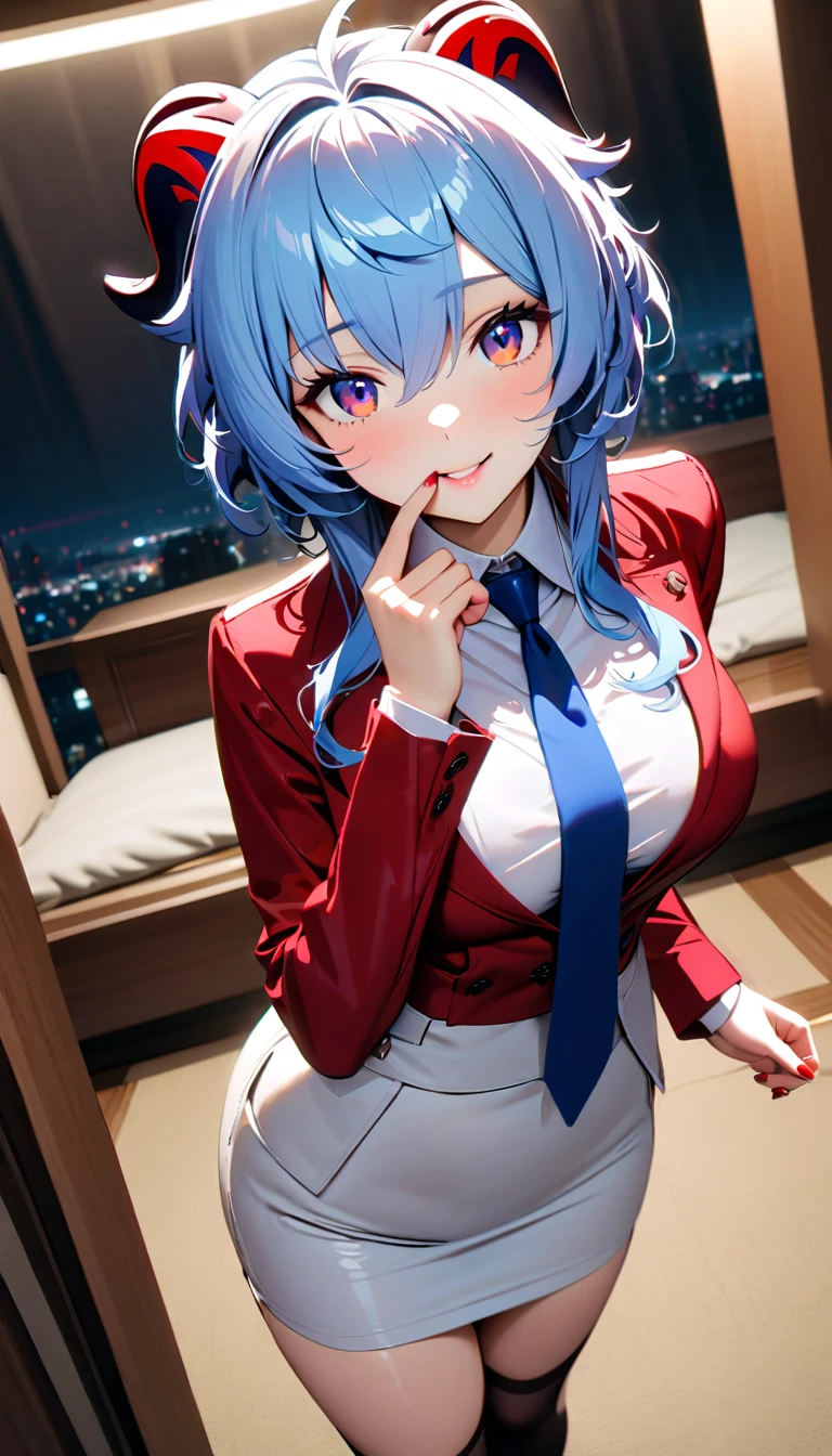 (Highest quality:1.2, High detail, masterpiece:1.2, Best aesthetics), (1 Girl), Cowboy Shot,red jacket,white shirt,white miniskirt,black long socks,brown heels,blue tie,Ganyu, Beautiful detailed eyes, Beautiful detailed lips, Highly detailed face, Detailed Fashion, elegant, luxury, High quality fabric, Shine, Shine, smile, Random Pause, Dutch Angle, bedroom, night, Dramatic lighting, Cinematic, Bright colors, Intricate details, Chiaroscuro lighting.,large breasts ,red nails,finger in mouth,phone close to ear,lift her jacket a little to show her abs,abs,light blue hair