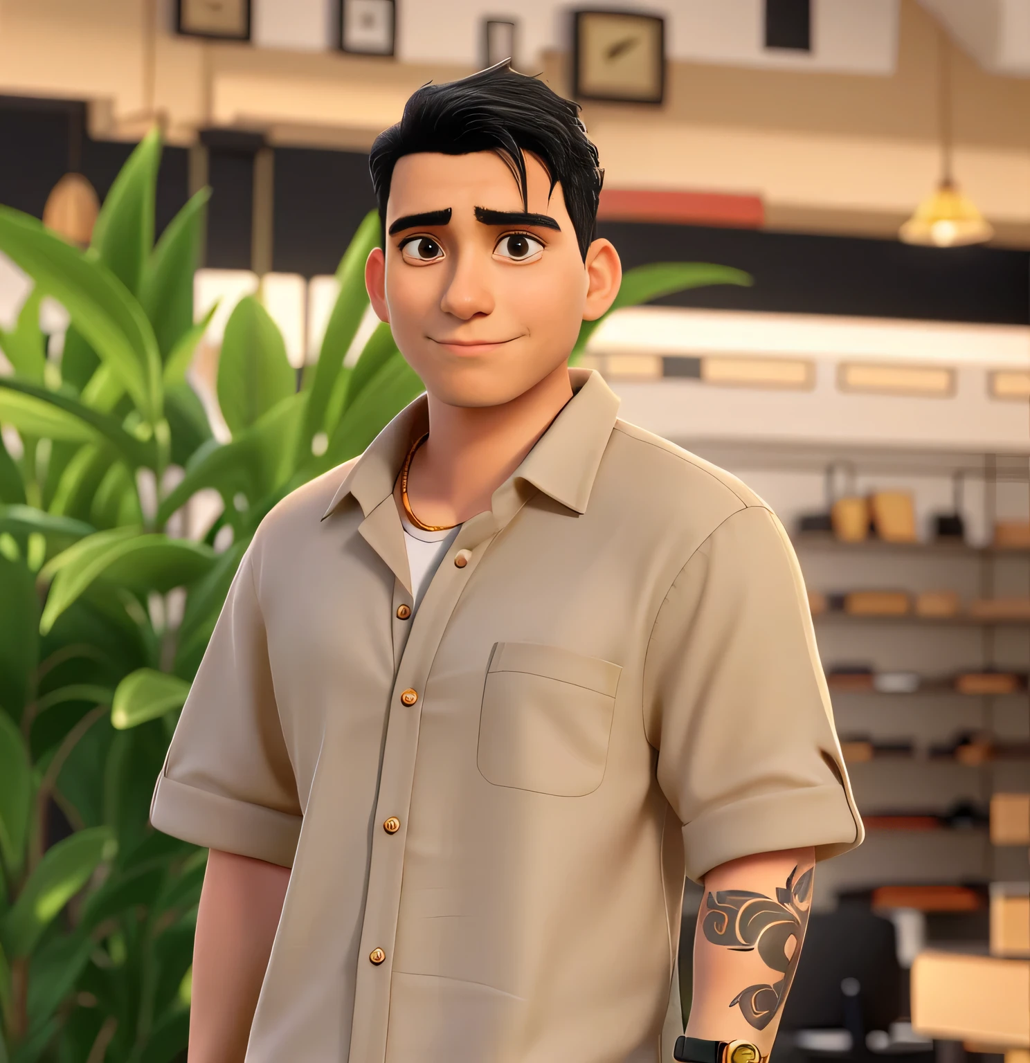 The image shows a man with black hair, wearing a beige shirt, and a gold wristwatch.