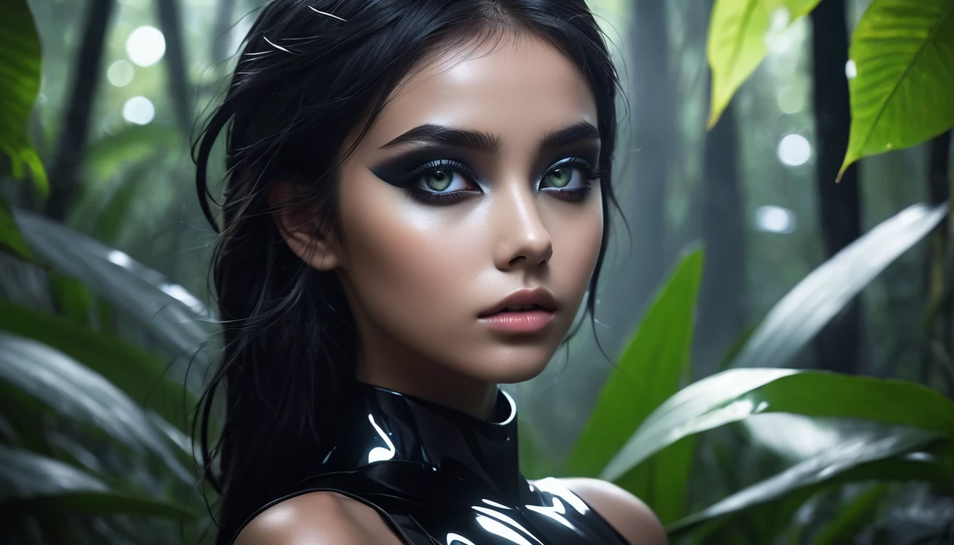 VERY BEAUTIFUL GIRL, WITH BLACK AURA SURROUND HER WHOLE BODY, POWERFUL, WHITE PUPIL EYE, DRAMATIC BLACK AURA FUTURISTIC BACKGROUND, HALF BODY, 4K, IN THE JUNGLE