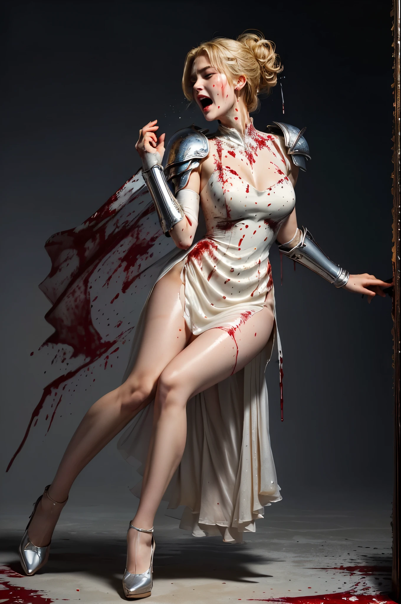 masterpiece, best quality photo, a beautiful 25 years old woman in armor and sheer evening_gown is screaming and bleeding, body armor and shoulder armor, shiny sheer dress with cream color, (blood splatted evening_dress:1.2), full length and white stockings, high-heel:1.2, extremely beautiful, grimace, screaming, strongly closed eyes, (painful screaming facial expression), rich blonde bun hair, tight fitting, medium large breast, (bloody legs:1.2)