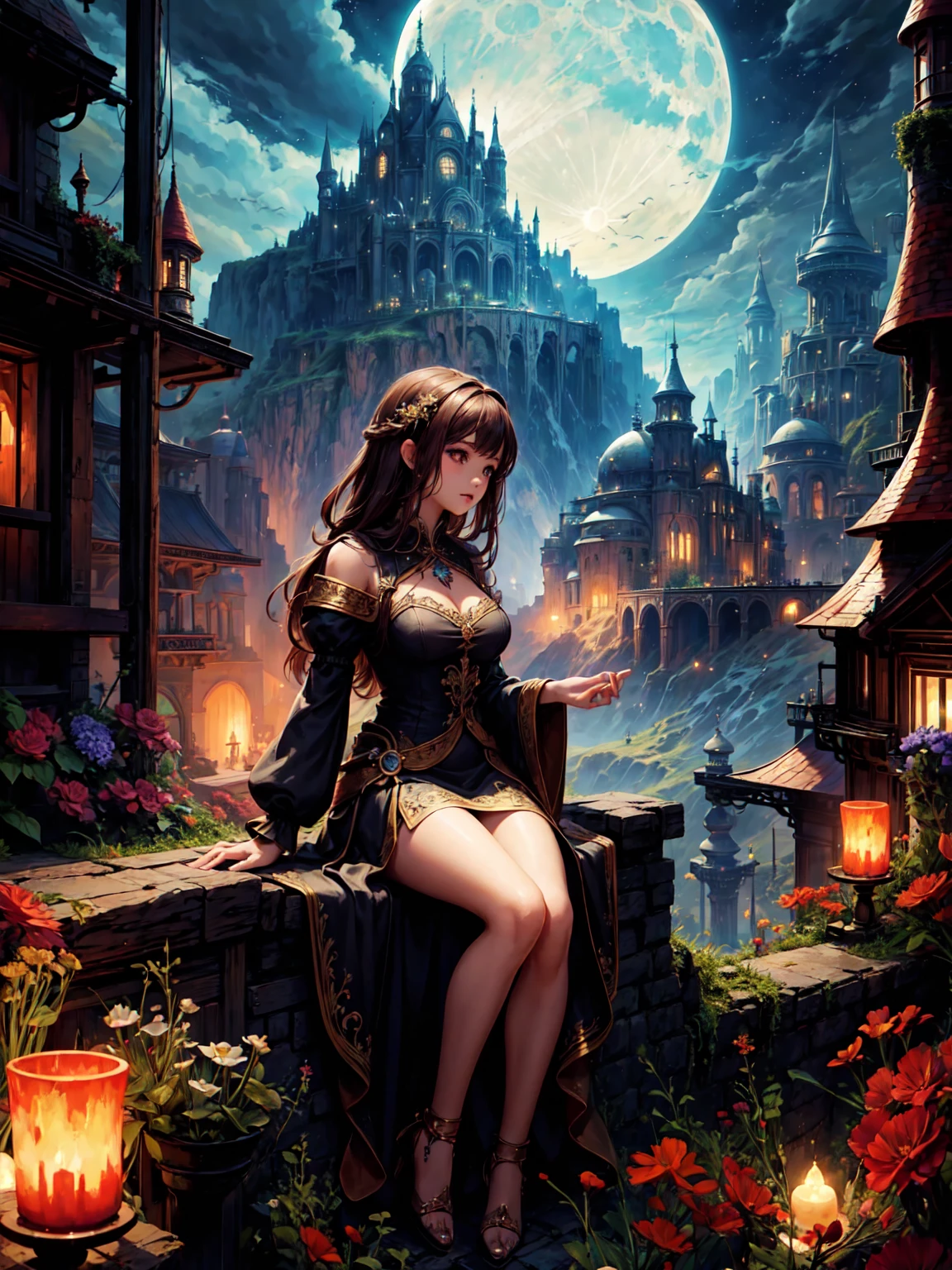 (masterpiece),(Highest quality), figure, (Fantasy:1.4), witch, cute detailed digital art, Beautiful Face, Brown Hair, Put your hair up, city, Mountain, Dark colored long dress, moon, Flowers , paper_cut