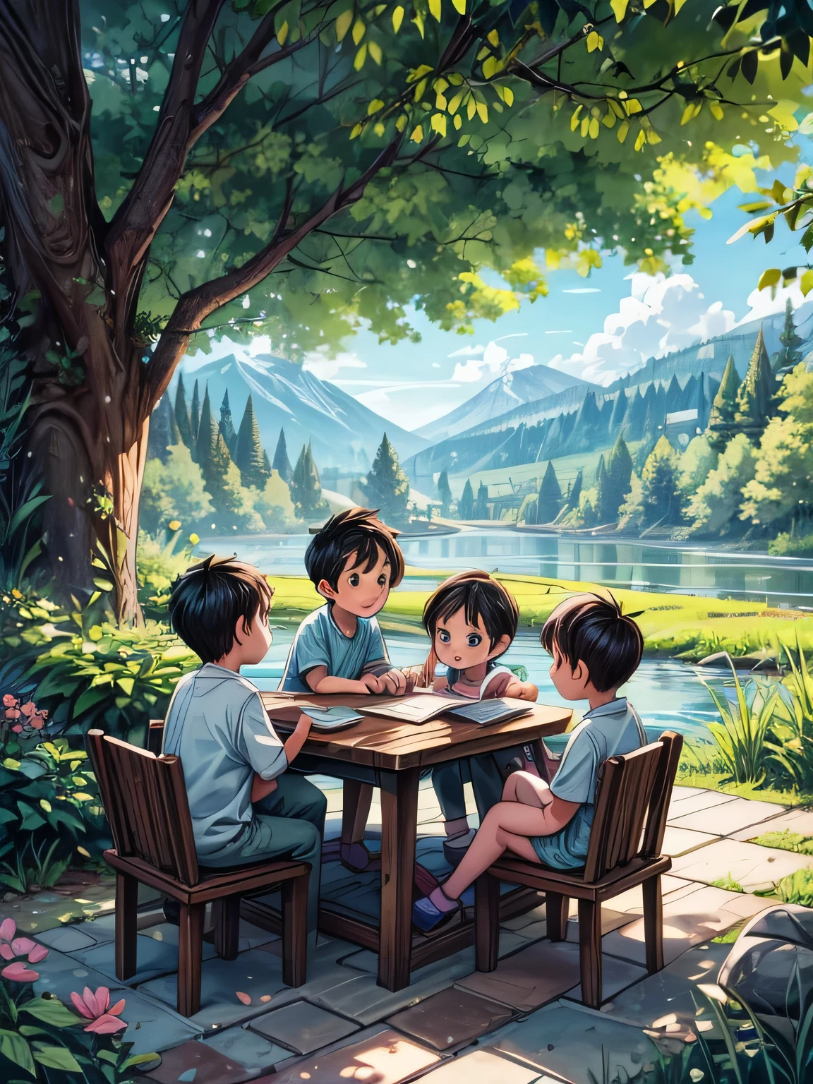 лыбка, лучистый свет water color ilustration sun, clouds, mountains in the distance, trees, river, flowers, a girl and a boy are swimming in the river, a boy is sitting by a tree and reading a book, not far away, 2 boys and 1 girl are sitting on the benches, they are coloring pictures with colored pencils on the stump table, colored pencils on the table and seem to be having a discussion on one side, five children are standing in a circle playing ball, a dog is running next to them