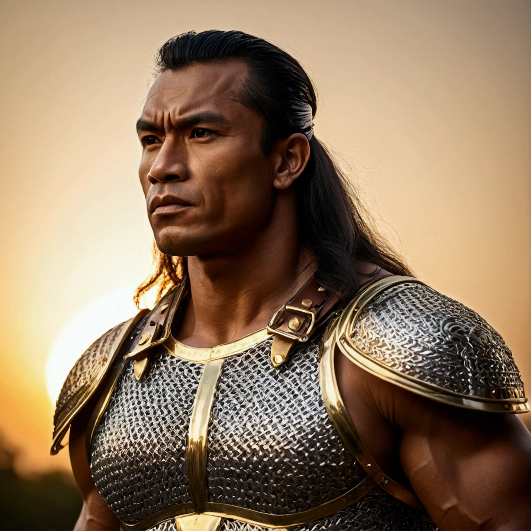 (masterpiece), (extremely intricate:1.3), (realist), portrait of a muscular indonesian bodybuilder guy, ((medieval armor)), reffar de metal, Upper part of the body, outdoor, intense sunlight, far, Detailed professional photography of a stunning man., (long dark hair, dynamic pose), sharp focus, dramatic, awarded, cinematic lighting, volumetric dtx, (film grain, blurred background, blurred closeup, bokeh, depth of field, Sunset, interaction, golden chrome perfect chain mail), 8k