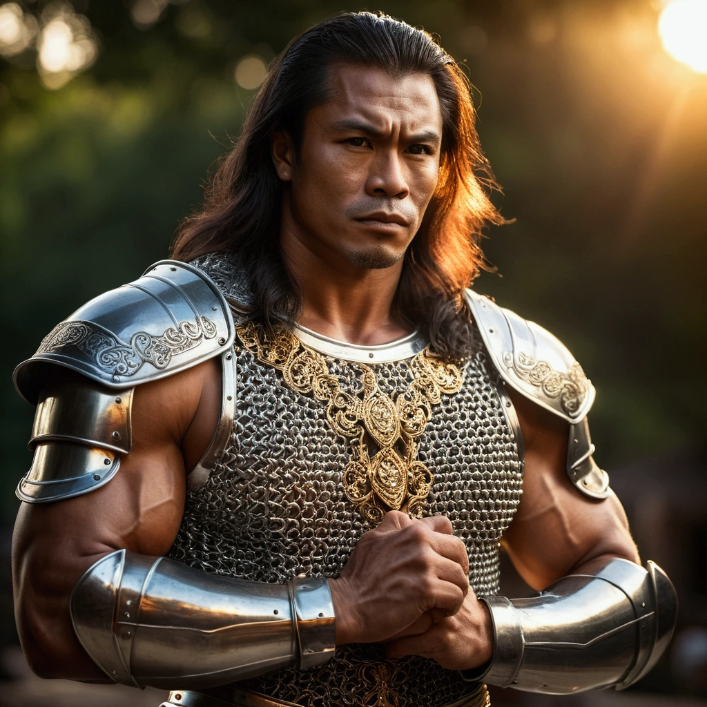 (masterpiece), (extremely intricate:1.3), (realist), portrait of a muscular indonesian bodybuilder guy, ((medieval armor)), reffar de metal, Upper part of the body, outdoor, intense sunlight, far, Detailed professional photography of a stunning man., (long dark hair, dynamic pose), sharp focus, dramatic, awarded, cinematic lighting, volumetric dtx, (film grain, blurred background, blurred closeup, bokeh, depth of field, Sunset, interaction, golden chrome perfect chain mail), 8k