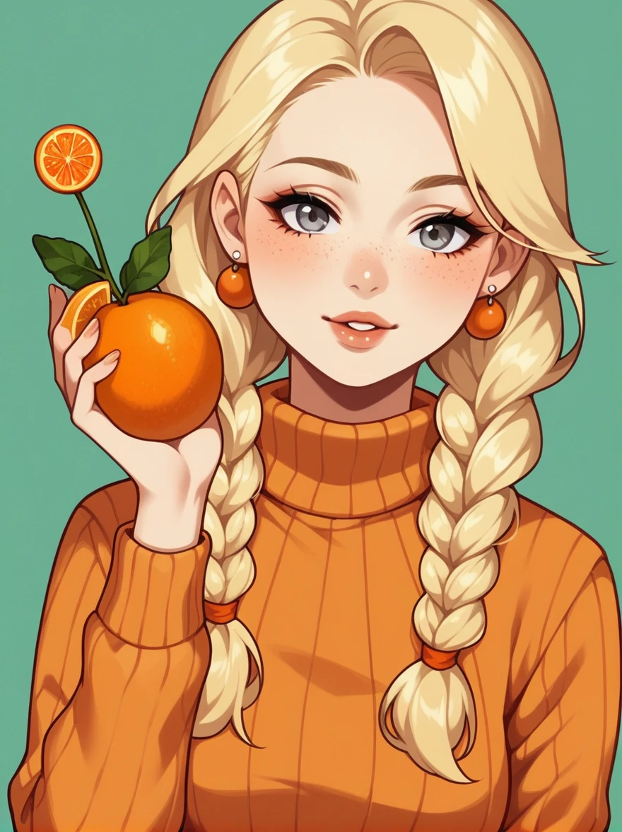 1girl, aran sweater, blonde hair, braid, cable knit, earrings, eyelashes, food, freckles, fruit, grey eyes, jewelry, lips, long hair, long sleeves, looking at viewer, mandarin orange, orange \(fruit\), orange slice, orange sweater, orange theme, solo, sweater, twin braids, upper body