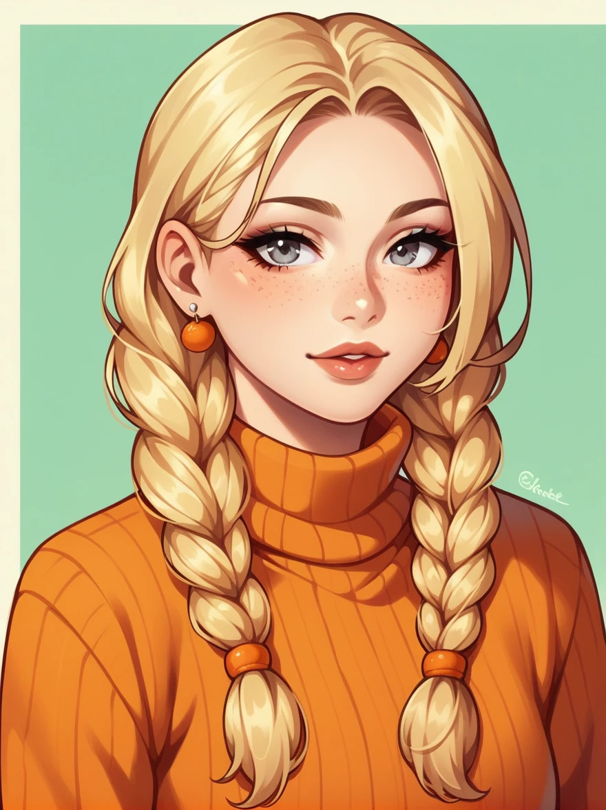 1girl, aran sweater, blonde hair, braid, cable knit, earrings, eyelashes, food, freckles, fruit, grey eyes, jewelry, lips, long hair, long sleeves, looking at viewer, mandarin orange, orange \(fruit\), orange slice, orange sweater, orange theme, solo, sweater, twin braids, upper body